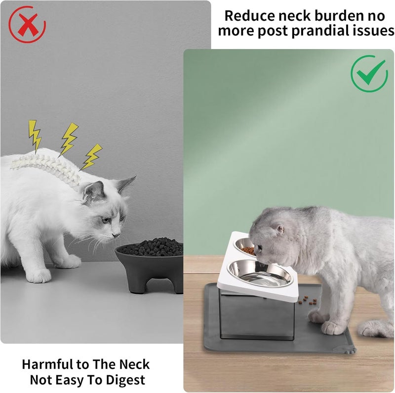 Summark Upgraded Elevated Cat Bowls with Food Mat,15°Tilted Stand Anti Vomiting Raised Cat Dishes for Food and Water,2 Stainless Steel Bowls for Cats and Puppy（White） - Image 2